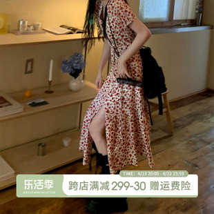 joeyjoy酒一碎花连衣裙女夏2024显瘦法式小众设计裙子收腰茶歇裙