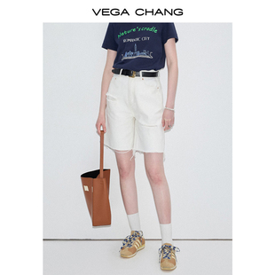 vegachang白色牛仔裤，女2024年夏季破洞毛边，高腰休闲五分短裤