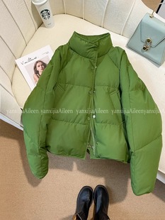 冬季短款绿色羽绒棉服女2023加厚保暖面包服设计感立领棉衣外套潮