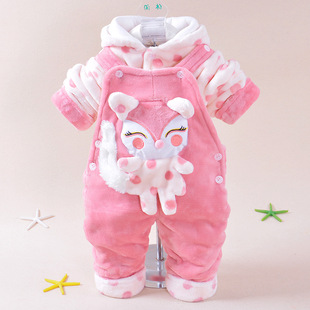 男女宝宝秋冬套装0-1-2岁婴幼儿夹棉三件套可爱卡通薄棉外出衣服