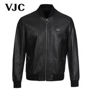 VJC 2023秋冬男装黑色棒球领夹克螺纹短款皮衣外套B22DK1663