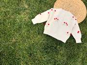 春秋款女宝宝粉米色樱桃毛线球装饰刺绣幼儿小童针织开衫毛衣