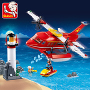 小鲁班拼装积木水上消防飞机模型儿童益智力拼装玩具礼物乐趣摆件