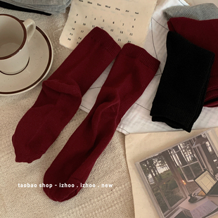 秋日氛围感~基础款复古酒红色中筒袜子女生棉袜堆堆袜纯色女袜
