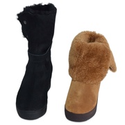 磨砂牛皮休闲套筒女靴，圆头坡跟羊毛内里中筒冬季大棉靴4969202