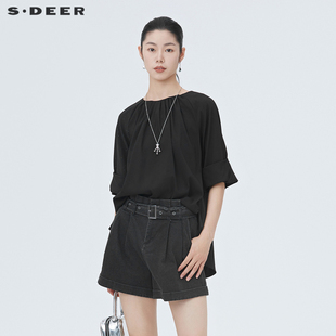 sdeer圣迪奥上衣夏款圆领抽褶卷边黑色中袖设计感衬衫S222Z0432