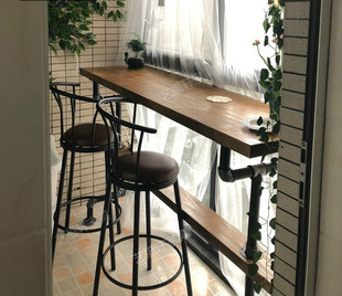 美式实木酒吧桌靠墙吧台桌长条铁艺水管高脚家用现代简约吧台桌椅