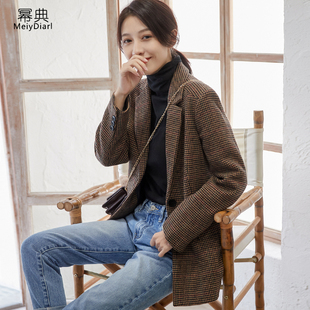 羊毛呢小西装外套，女短款2023韩版秋冬格子收腰小个子西服上衣