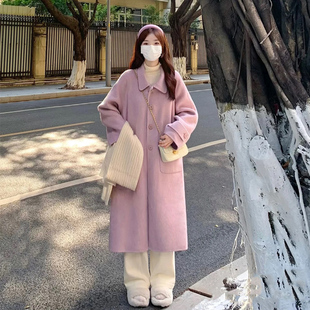 韩系秋冬季复古赫本风紫色，单排扣毛呢外套小个子，呢子大衣女中长款