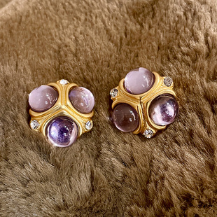 中古金属紫色水晶闪钻耳环女人造宝石圆形耳钉新复古ins圆球耳饰