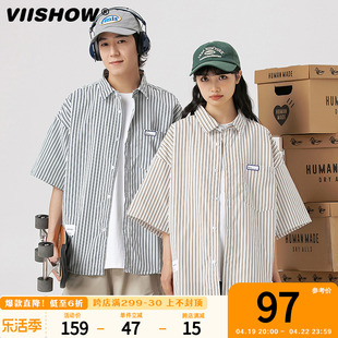 viishow潮牌日系条纹短袖衬衫男2024夏季情侣，宽松百搭上衣服外套