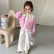 女童设计感粉红色外套装，口袋秋装五12岁少女洋气时髦米白色阔腿裤