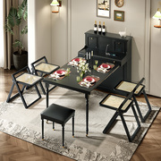 美式复古风餐桌家用小户型可折叠伸缩餐桌椅组合餐边柜一体桌黑色