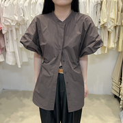 夏季韩版净色泡泡短袖韩国东大门polo领单排扣设计感个性收腰衬衣