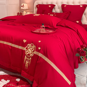 高档简约全棉结婚四件套大红色床单被套纯棉婚庆床上用品婚房喜被