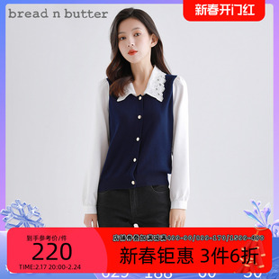 breadnbutter同款衬衫，拼接假两件雪纺长袖，蕾丝领口针织上衣