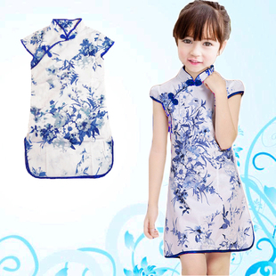 青花瓷连衣裙女童夏装儿童中式旗袍，大小孩宝宝纯棉，复古可爱中国风