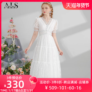 艾丽丝2024夏季超仙白色公主裙修身显瘦短袖蕾丝中长款连衣裙