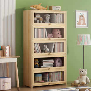 现代简约实木书柜带玻璃门，防尘书架置物架子落地家用儿童书橱松木