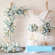 婚庆布置装饰花排路引拱门，套装花艺婚礼，舞台背景蓝色系仿真花插花