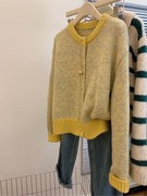 小香风黄色短款毛衣外套，女秋冬冬季加厚慵懒风，小个子针织开衫上衣