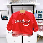 韩国中小童装春男女童宝宝红色，纯棉圆领长袖，t恤洋气卫衣