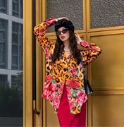 豹纹玫瑰花衬衫女2023春季港风设计感小众法式高级印花真丝衬衣