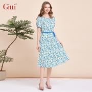 Gitti/吉蒂碎花束腰系带连衣裙女长款圆领裙子G241257