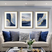 客厅装饰画蓝色抽象三联画沙发背景墙壁画现代简美轻奢挂画实木框