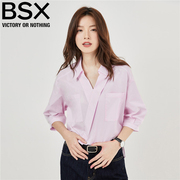 bsx上衣女装纯棉梭织翻领，斜门筒宽松短袖，薄休闲衬衫18343913