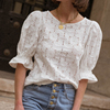 法式上衣女夏设计(夏设计)感小众白色短袖，夏天蕾丝刺绣气质短款甜美衬衫