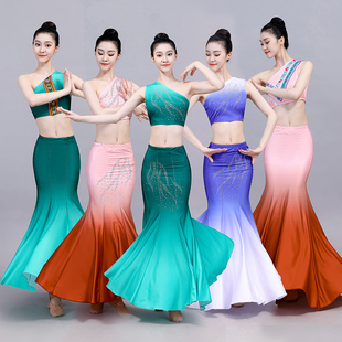 傣族舞蹈演出服装女练习裙儿童，表演服鱼尾，半身裙孔雀舞艺考服装