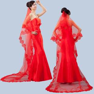 新娘头纱T06-3米红色电脑绣花蕾丝婚礼服头纱长款拖尾美国网