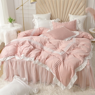 女生粉色网红公主风床上四件套，纯棉全棉床单被套蕾丝床裙款床品夏