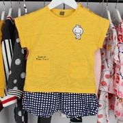 韩版童装男童夏款黄色卡通可爱短袖T恤上衣宝宝格子短裤两件套装