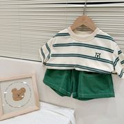 男童条纹短袖套装2023夏装中小童韩版t恤短裤两件套童装上衣