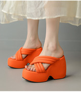 夏季凉鞋高跟厚底坡跟拖鞋，女橘色绿色米白色，桔色橙色大码凉拖amy