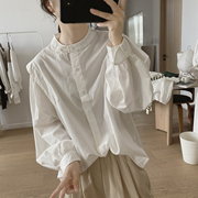 半高领衬衫女春秋季宽松显瘦减龄韩版长袖，小众设计感棉质上衣