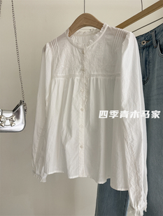 木马家韩国东大门精致蕾丝，刺绣镂空泡泡袖，白色衬衣春衬衫
