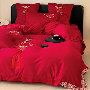 新中式婚庆床上用品全棉120s长绒棉，刺绣流苏红色结婚被套床单床笠
