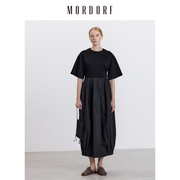 mordorf拼接收腰花苞，连衣裙女圆领，套头短袖灯笼裙