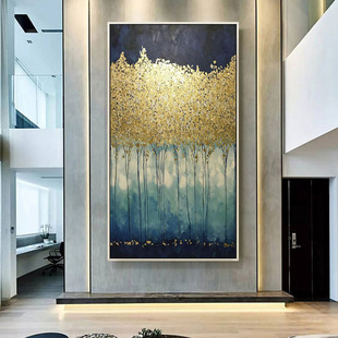 发财树油画入户玄关装饰画竖版现代简约客厅轻奢挂画过道壁画金色