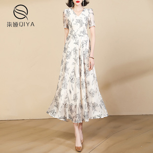 欧根纱连衣裙女2023短袖夏季高端气质，白色高个子(高个子)大摆长款裙子