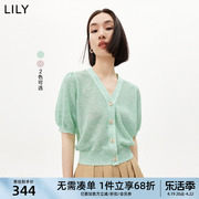 lily2023夏女装(夏女装)优雅气质v领纯色，温柔泡泡袖收腰短款针织开衫