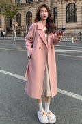 粉色双面绒呢大衣女2023年秋冬季韩版宽松中长款系带毛呢外套