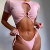 2021短袖比基尼性感镂空女士分体泳衣丁字裤粉色泳装Bikini