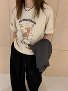 韩系简约气质纯棉短袖T恤女2024夏季宽松韩版涂鸦卡通图案T恤