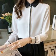黑白撞色雪纺衫女2023春气质，长袖设计感ol职业上班长袖宽松衬衫