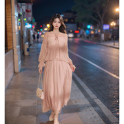 法式复古粉色雪纺衬衫上衣+半身裙两件套2024春季温柔套装韩系风