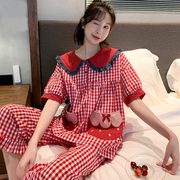 睡衣女夏季纯棉短袖长裤两件套装韩版宽松学生，红色格子春秋家居服